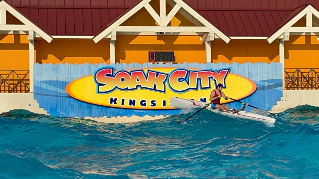 Chris Bak rides the waves in the Soak City water park at Kings Island in Mason, Ohio.