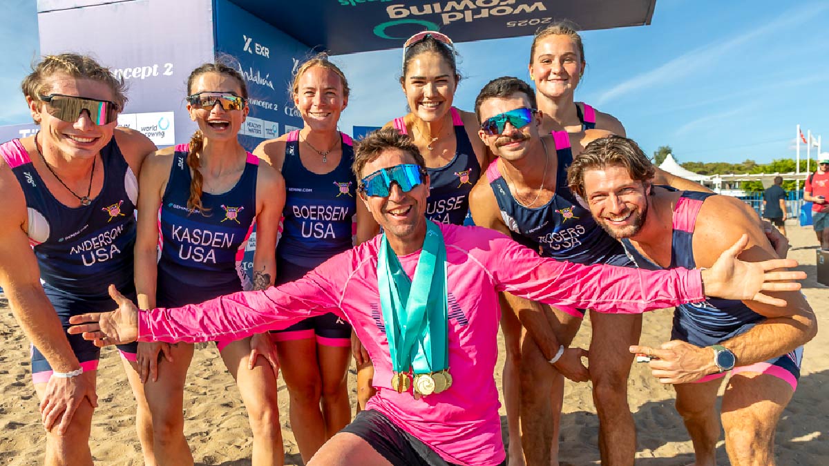 Marc Oria with his gold and silver medalists at the 2025 World Rowing Beach Sprint Finals.