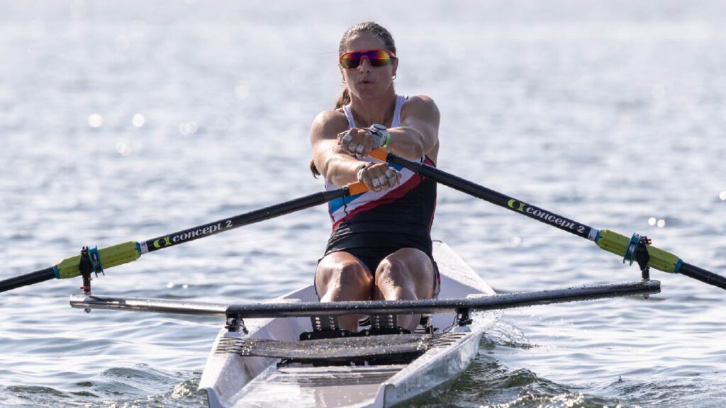 Christine Cavallo races during time trials in the US senior beach sprint speed order.