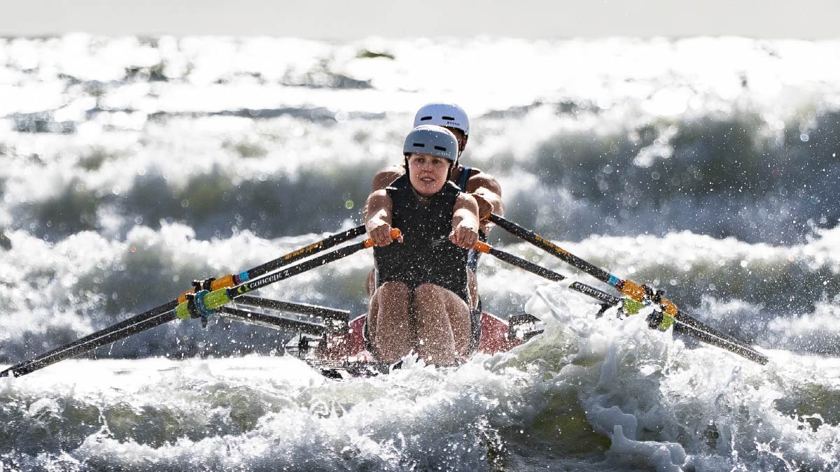 Finland's Joel Naukkarinen and Eeva Karppinen put on helmets and a lifejacket (Karppinen) because of challenging conditions