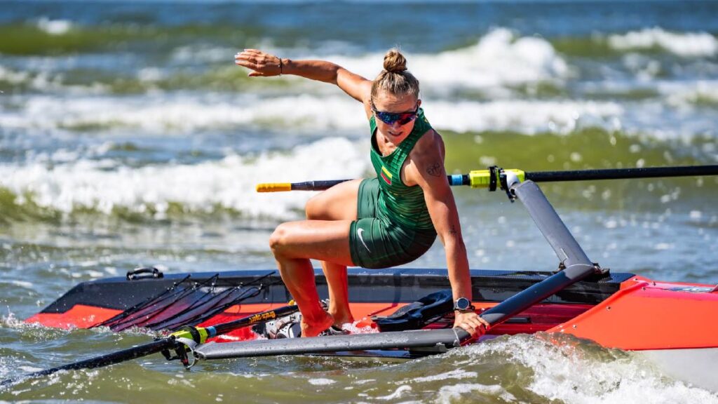 Raminta Morkunaite jumps from her solo at the 2026 Lithuanian and Baltic Beach Sprint Championship
