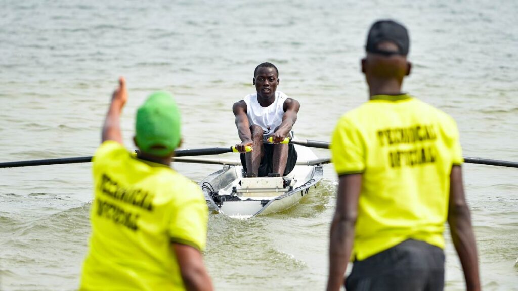 Joshua Masola demonstrates beach sprint at the Uganda Rowing Invitational.