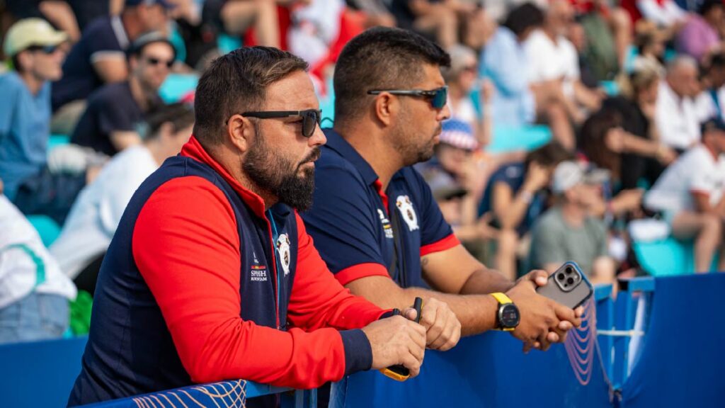 Spanish coaches Lionel Jiménez and Andres Redondas look on at the 2025 world championships
