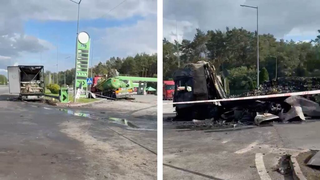 Burned trucks at the Yagodyn border crossing between Ukraine and Poland