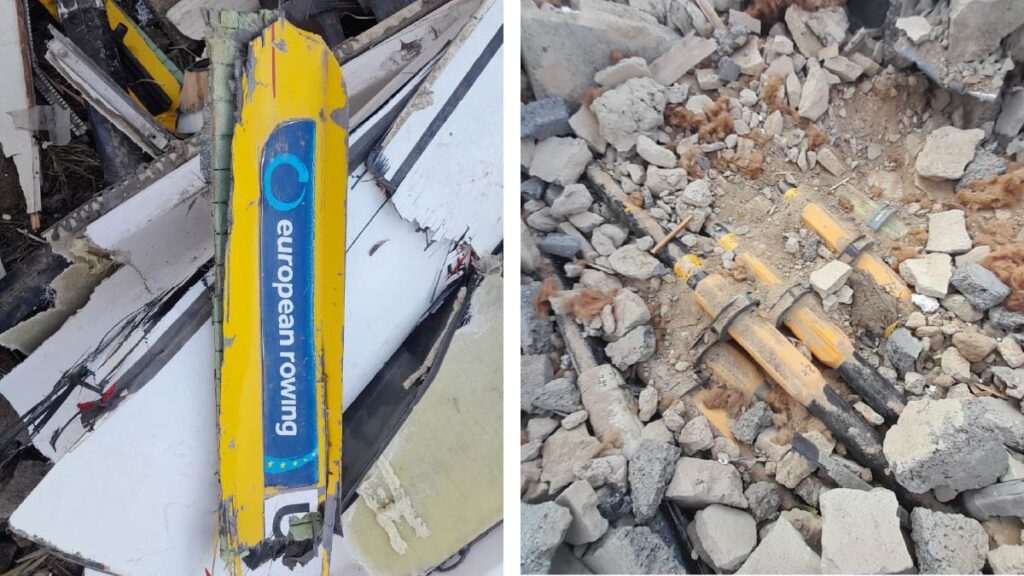 Broken boats and buried oars after the Ladyzhyn Youth and Sports School was destroyed by a Russian attack