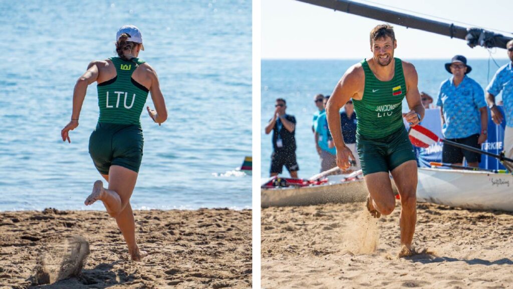 Martyna Kazlauskaite runs for the boat and Dominykas Jancionis sprints back to the line on their way to winning last year's world championship